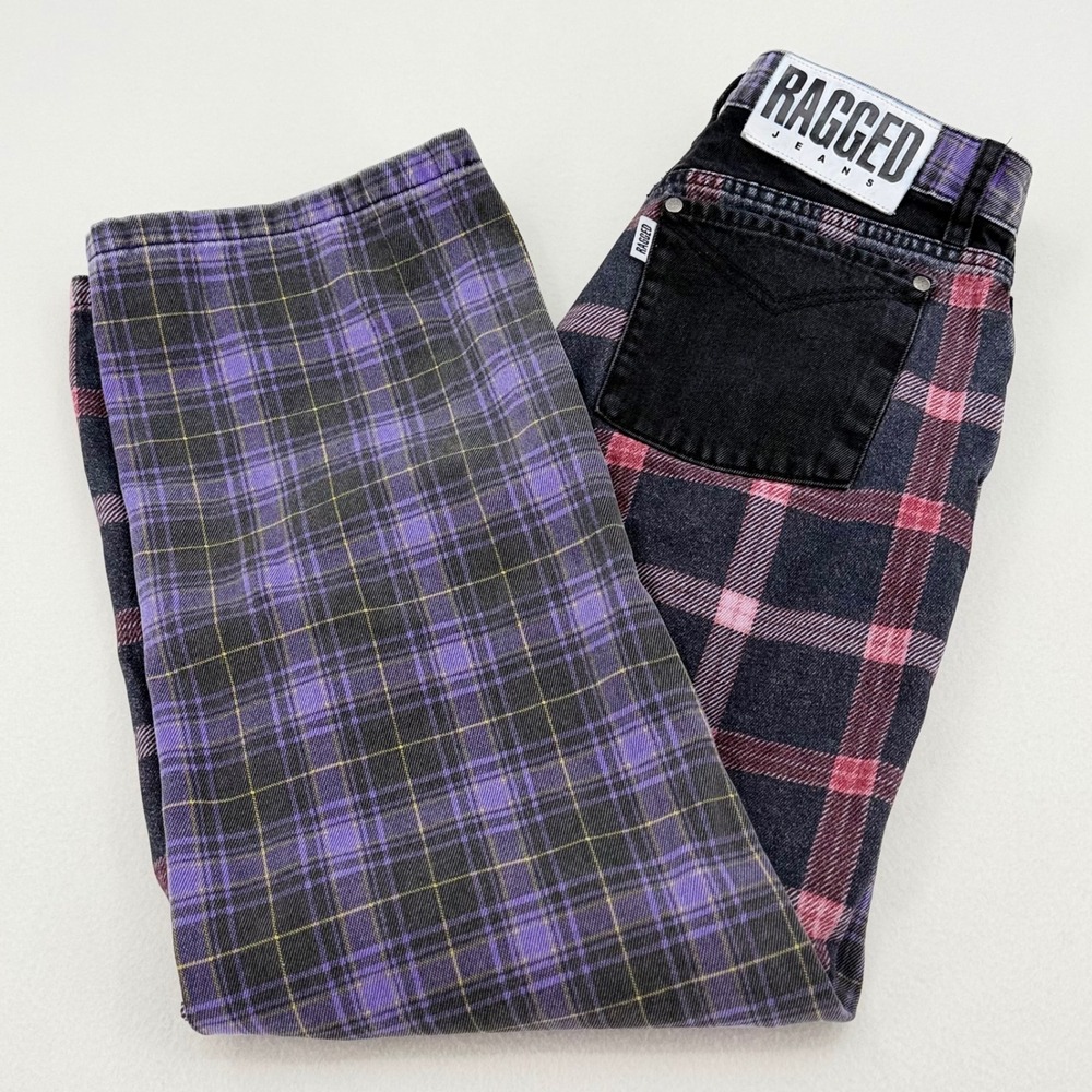 Ragged Jeans Split Leg Plaid Straight Pants 30 Purple Pink Grunge Excellent